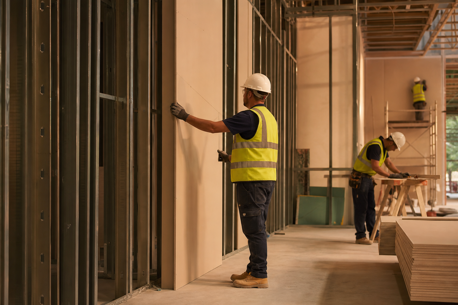 Dry lining installation in progress